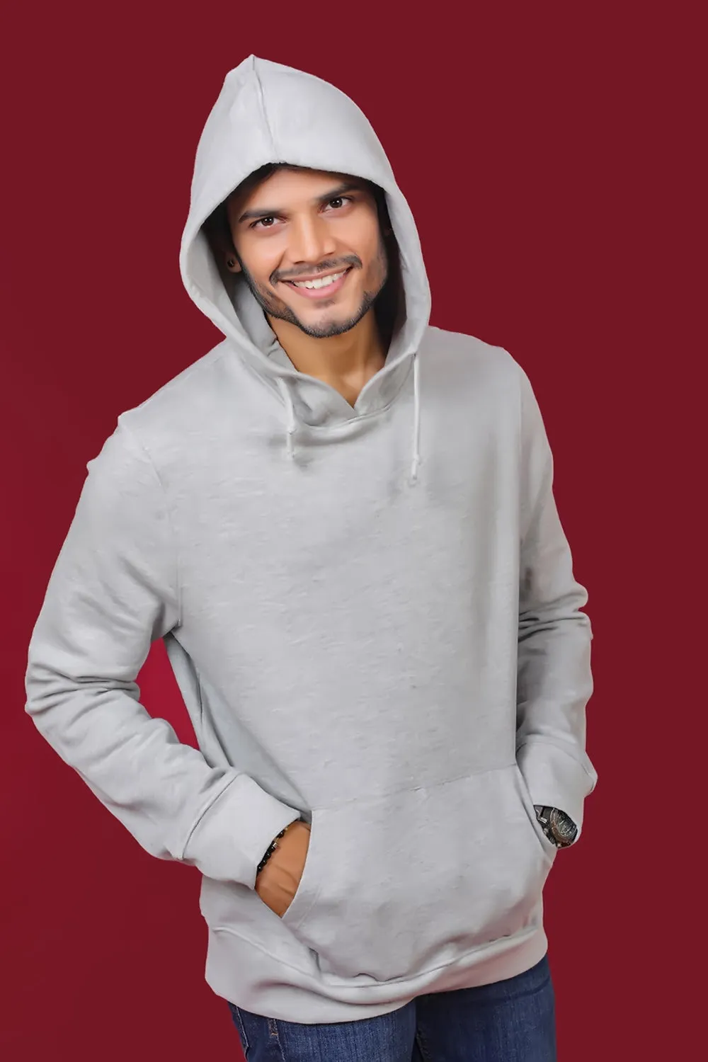Men's Grey Melange Hooded Jacket