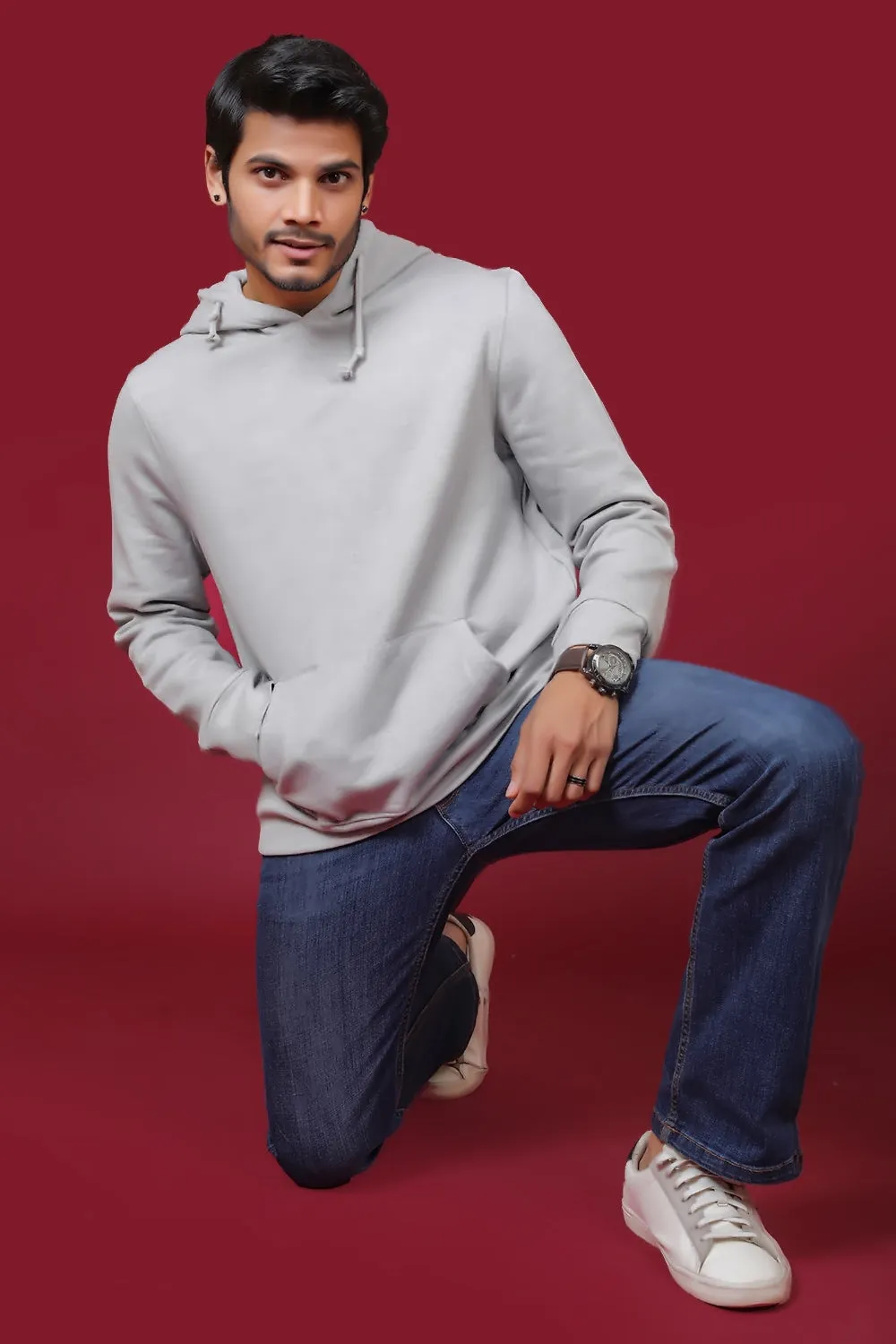 Men's Grey Melange Hooded Jacket