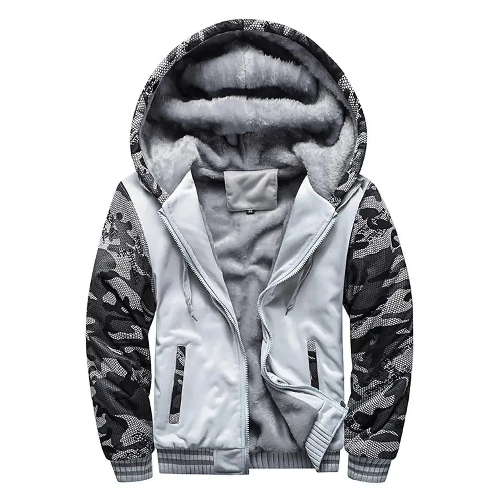 Men’s Premium Camouflage Winter Jacket - Thick Fleece-Lined Long Sleeve Coat with Hood - Casual Streetwear