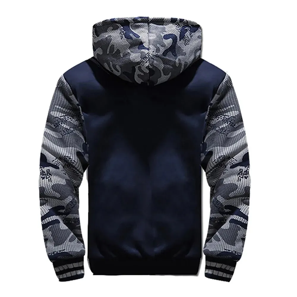 Men’s Premium Camouflage Winter Jacket - Thick Fleece-Lined Long Sleeve Coat with Hood - Casual Streetwear