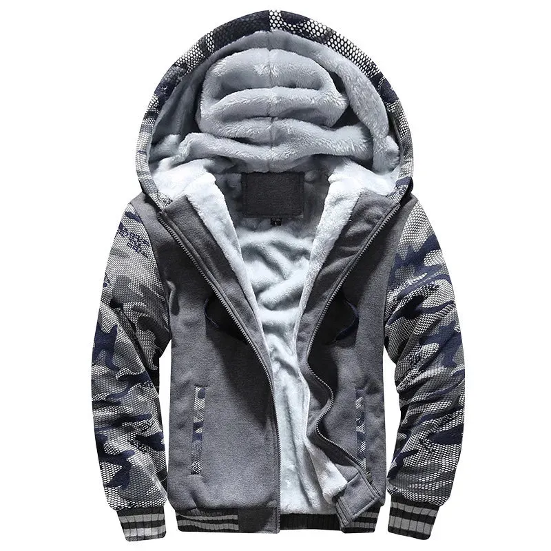 Men’s Premium Camouflage Winter Jacket - Thick Fleece-Lined Long Sleeve Coat with Hood - Casual Streetwear