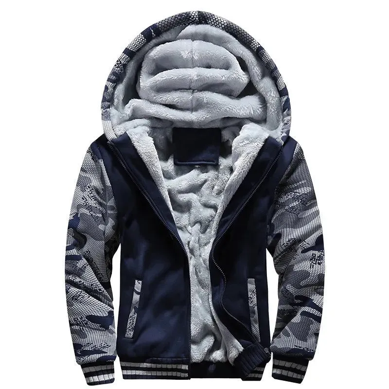Men’s Premium Camouflage Winter Jacket - Thick Fleece-Lined Long Sleeve Coat with Hood - Casual Streetwear