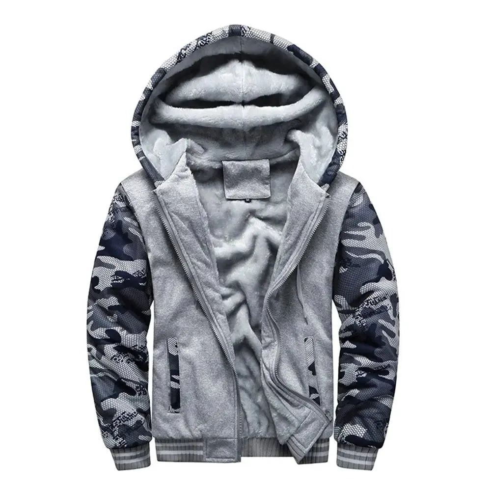 Men’s Premium Camouflage Winter Jacket - Thick Fleece-Lined Long Sleeve Coat with Hood - Casual Streetwear