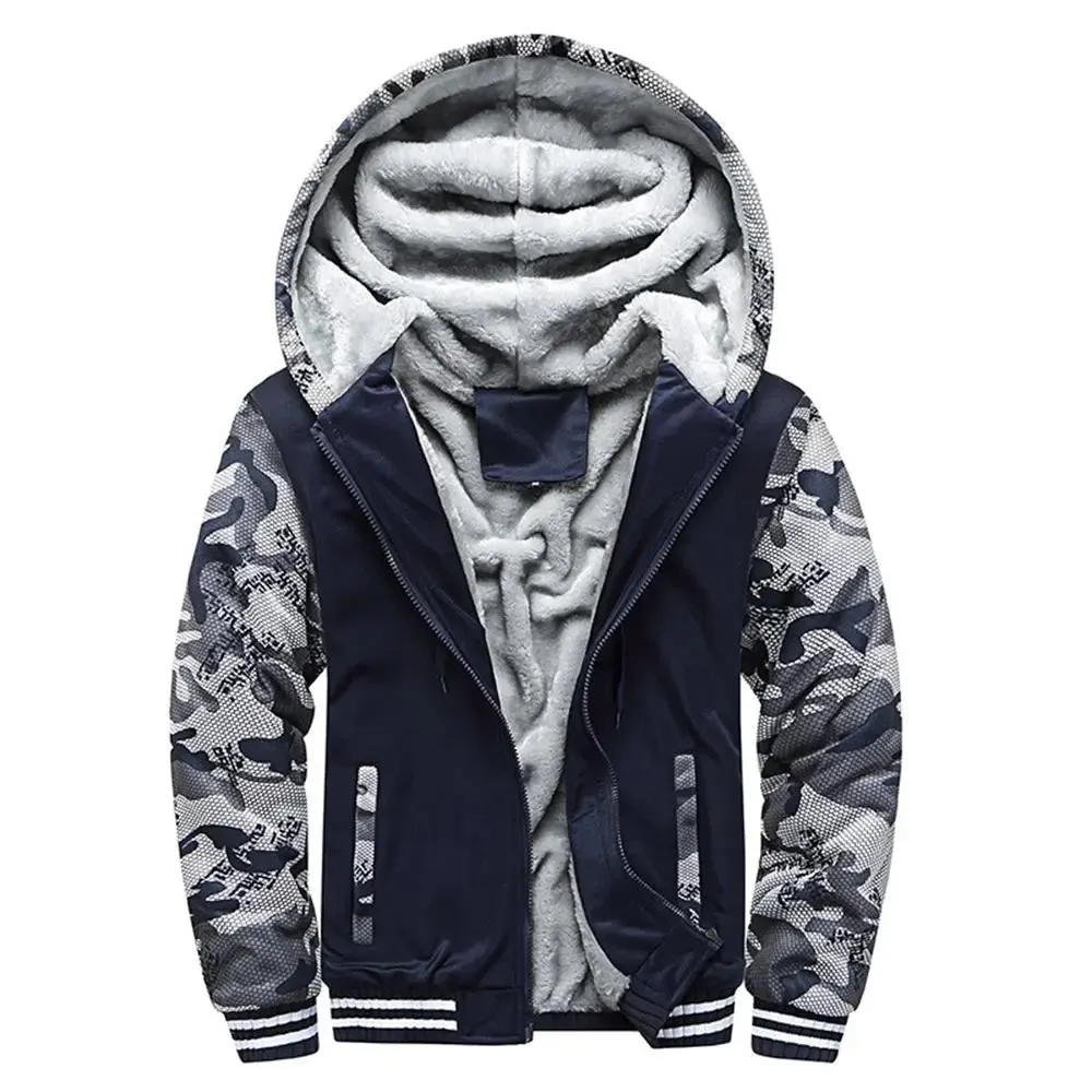 Men’s Premium Camouflage Winter Jacket - Thick Fleece-Lined Long Sleeve Coat with Hood - Casual Streetwear