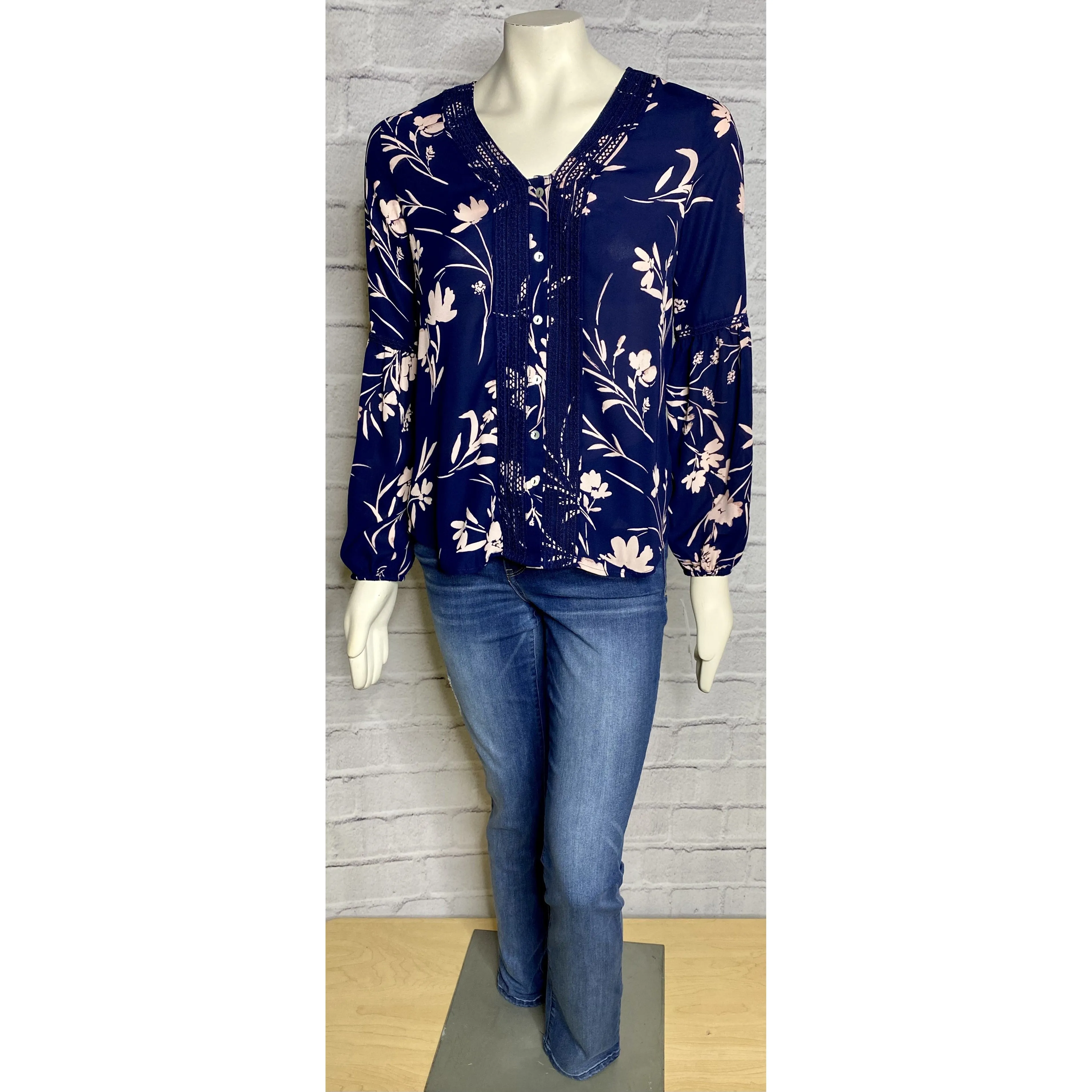 Navy and Rose Pink Floral Blouse