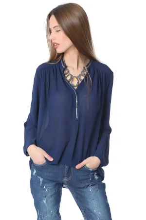Navy blue chiffon blouse with silver-tone bead embellishment