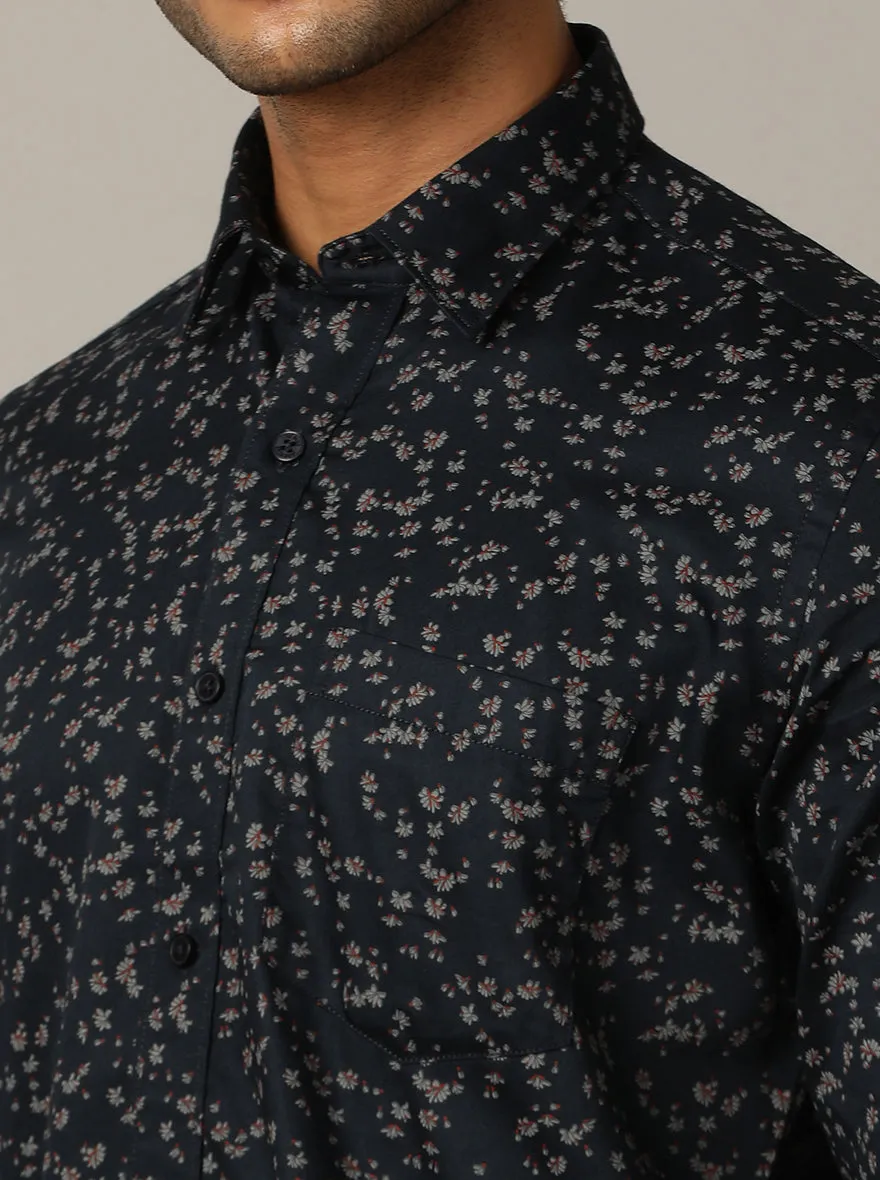 Navy Blue Printed Tailored Fit Semi Casual Shirt | JadeBlue
