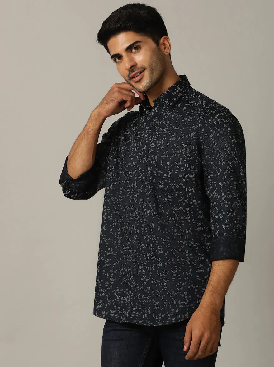 Navy Blue Printed Tailored Fit Semi Casual Shirt | JadeBlue