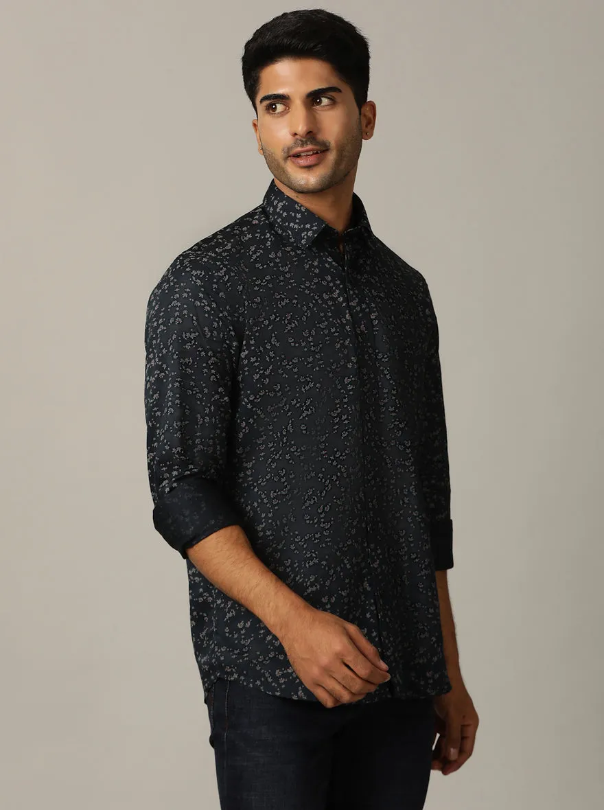 Navy Blue Printed Tailored Fit Semi Casual Shirt | JadeBlue