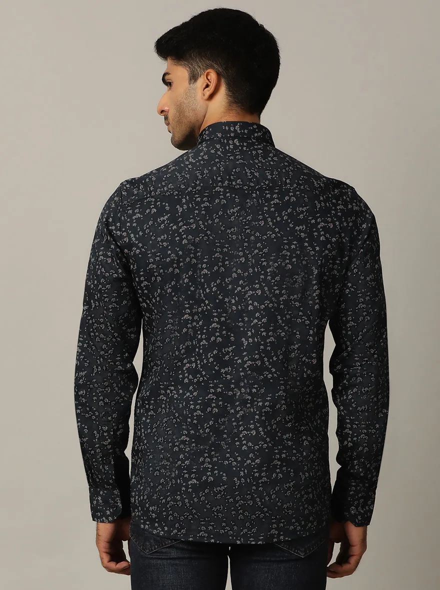 Navy Blue Printed Tailored Fit Semi Casual Shirt | JadeBlue