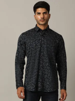Navy Blue Printed Tailored Fit Semi Casual Shirt | JadeBlue