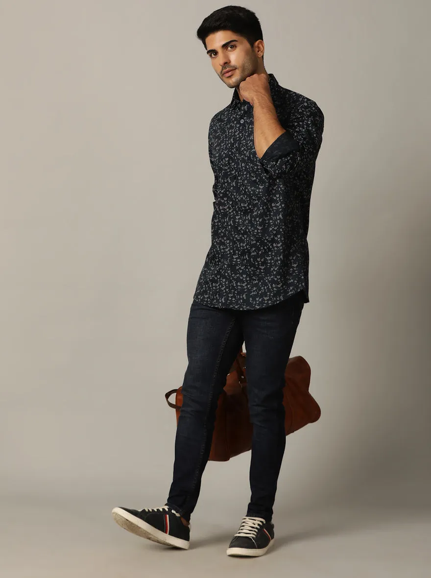 Navy Blue Printed Tailored Fit Semi Casual Shirt | JadeBlue