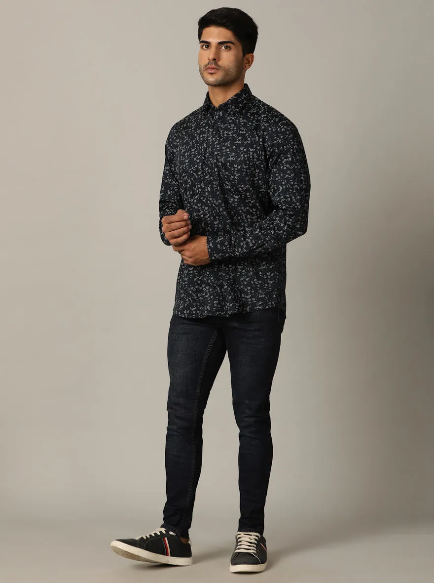 Navy Blue Printed Tailored Fit Semi Casual Shirt | JadeBlue