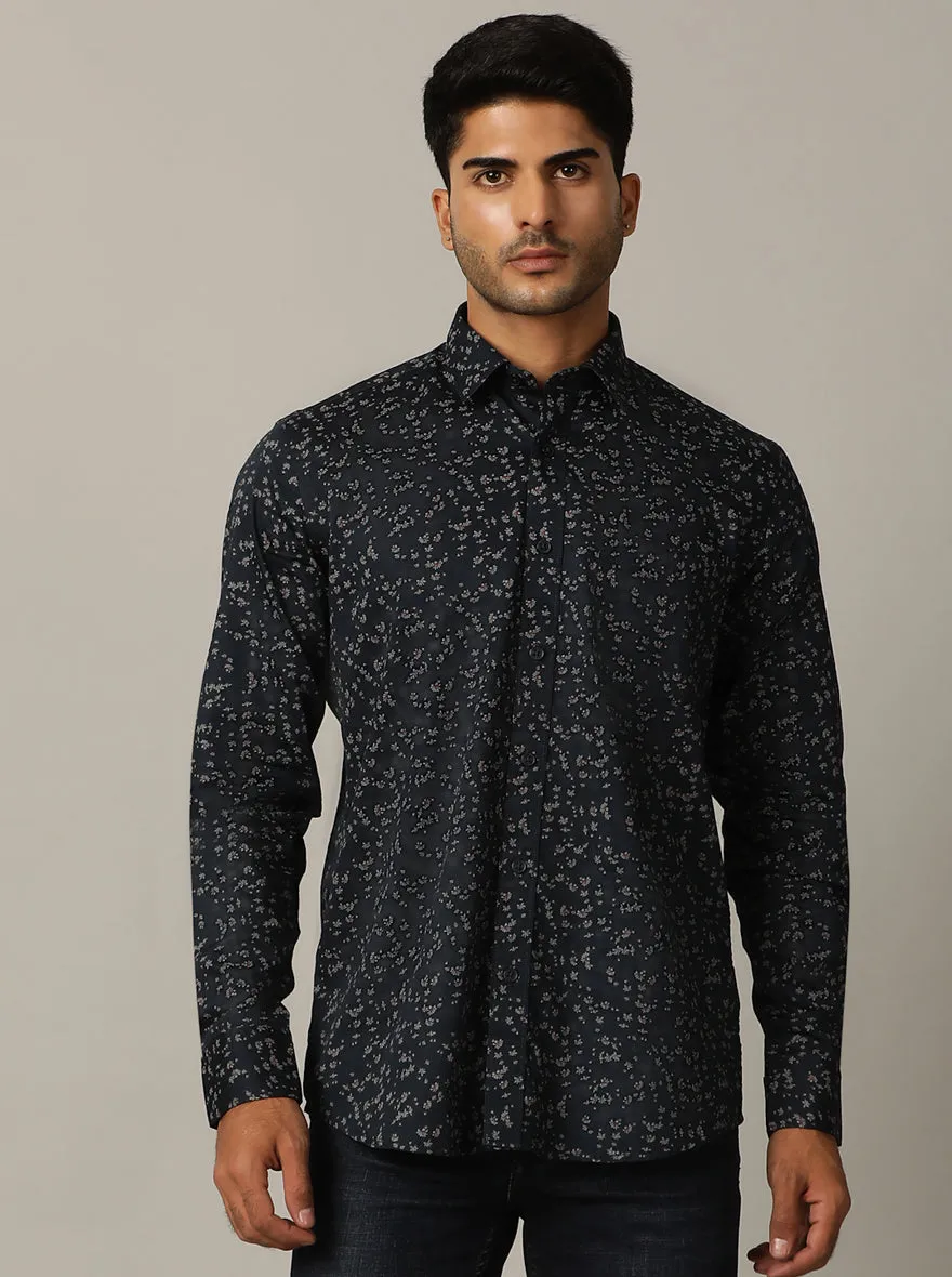 Navy Blue Printed Tailored Fit Semi Casual Shirt | JadeBlue