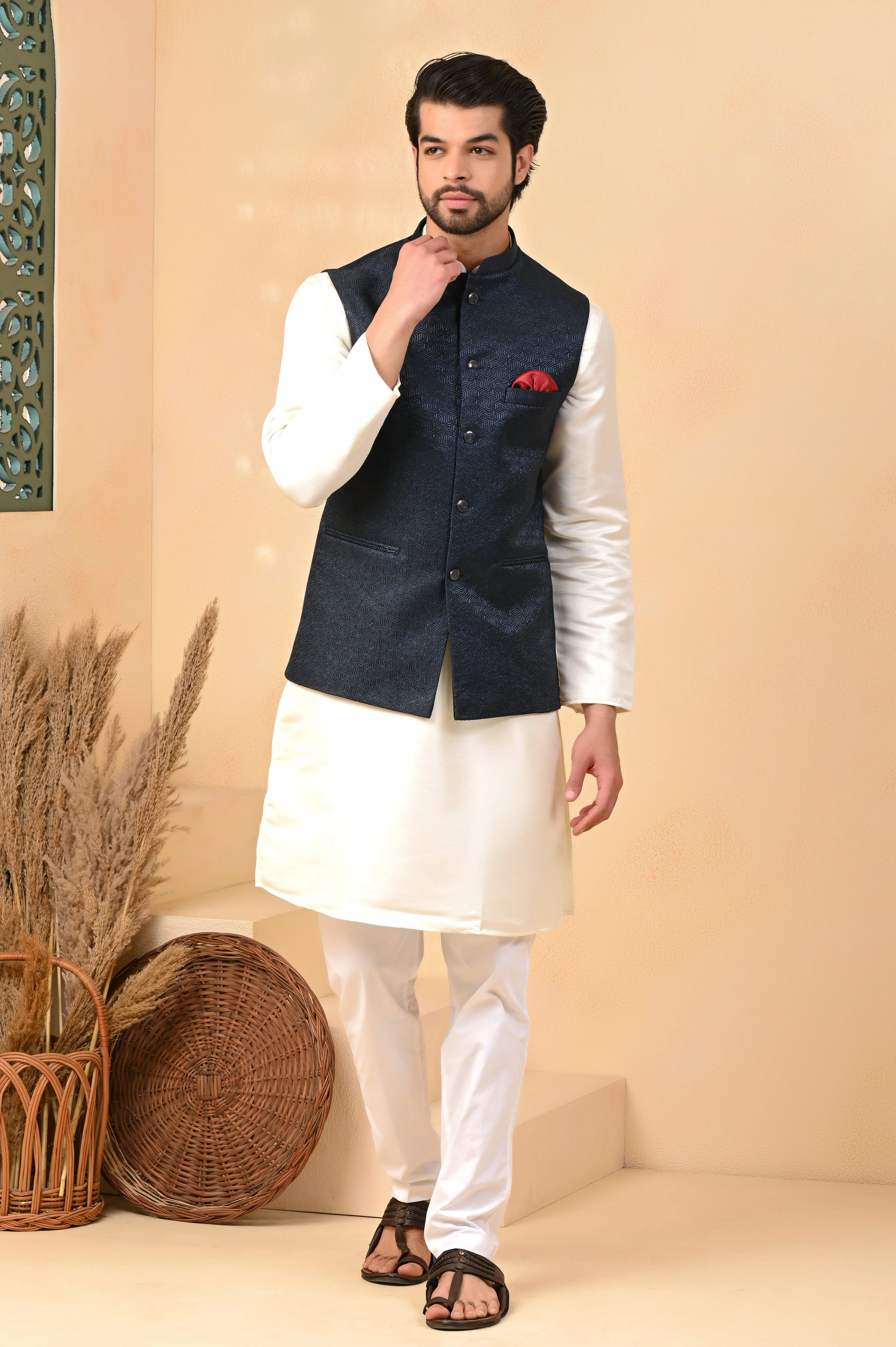 Navy Blue Self Circle Nehru Jackets