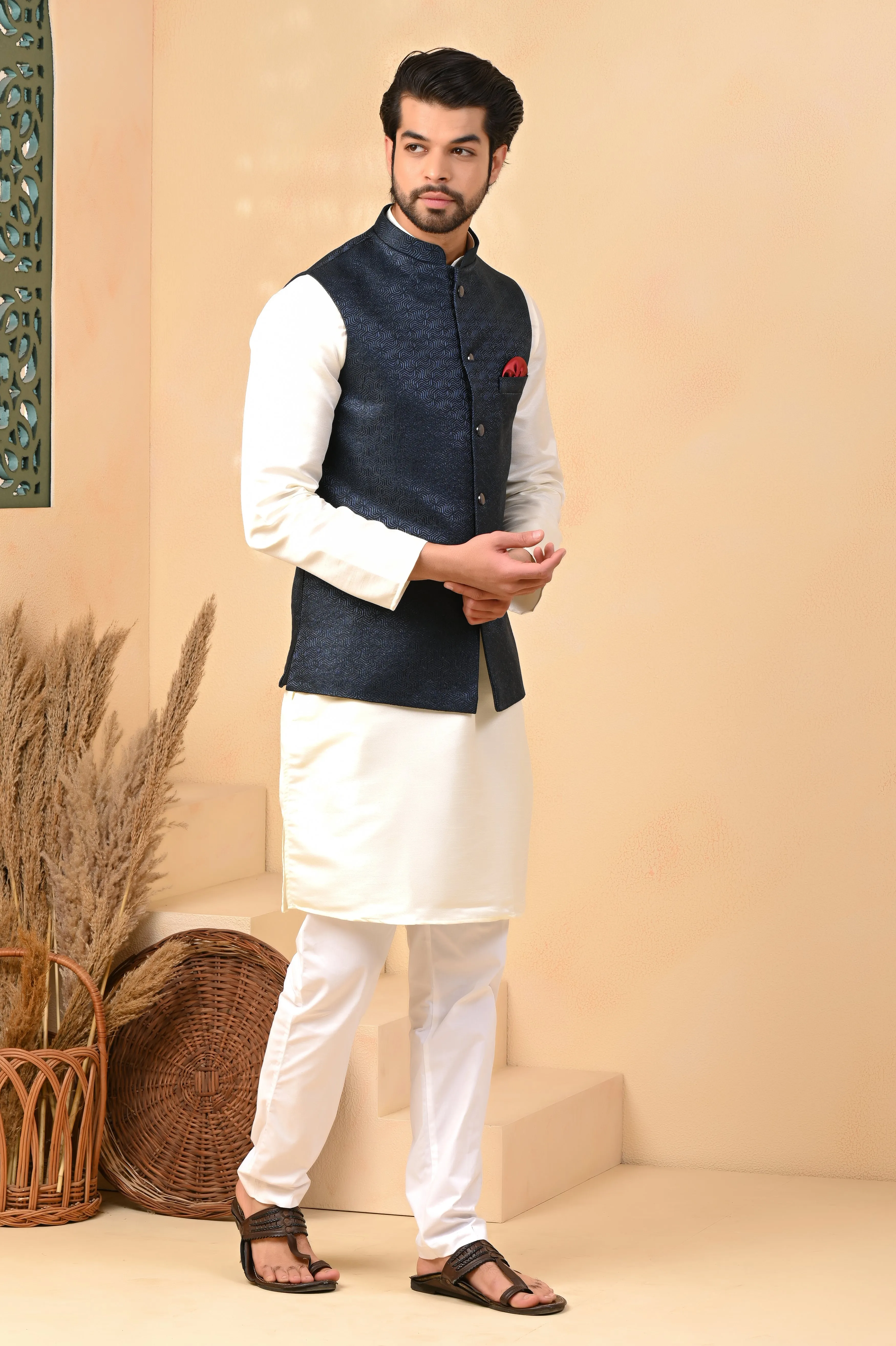 Navy Blue Self Circle Nehru Jackets