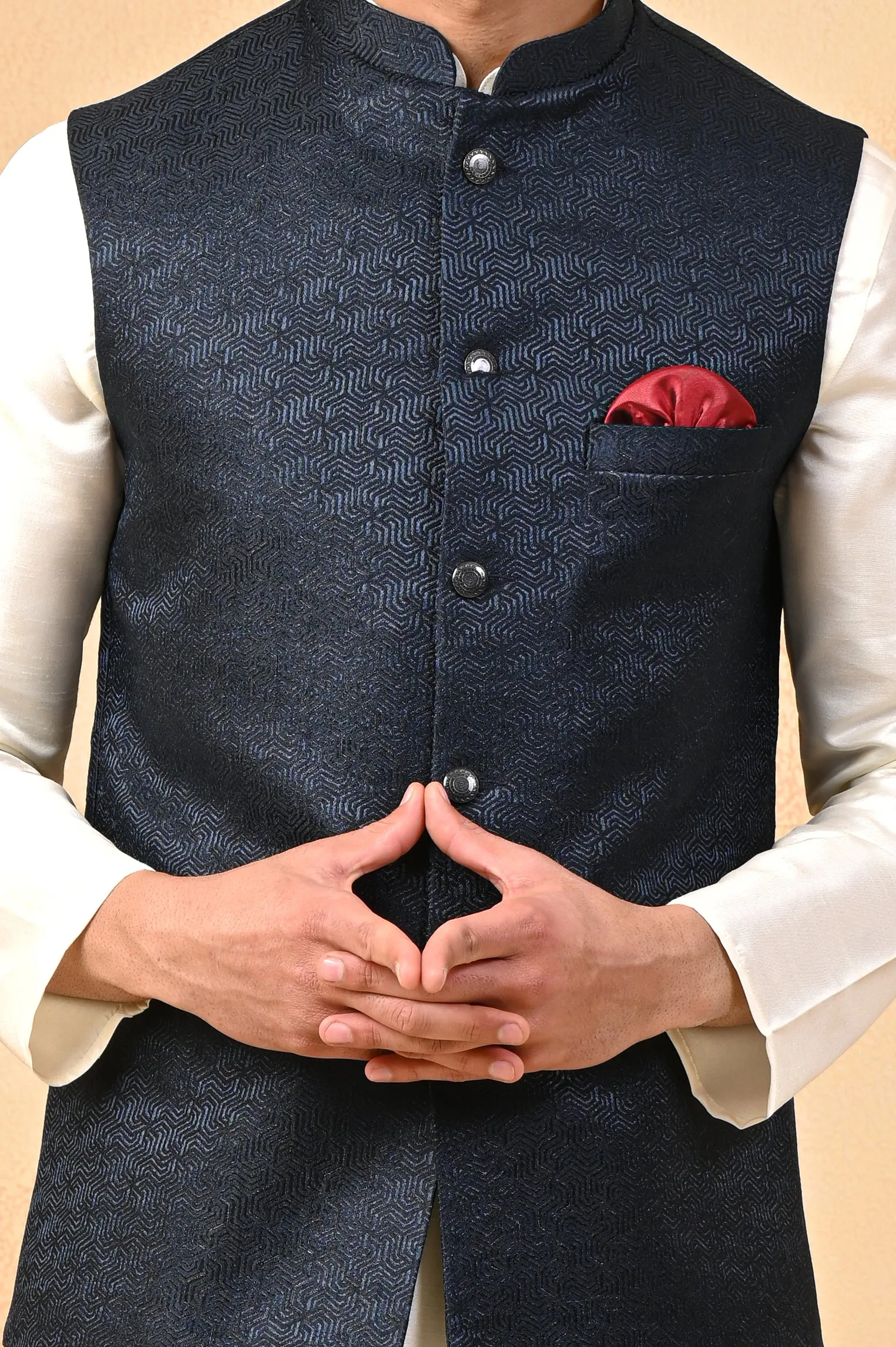 Navy Blue Self Circle Nehru Jackets