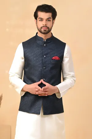 Navy Blue Self Circle Nehru Jackets