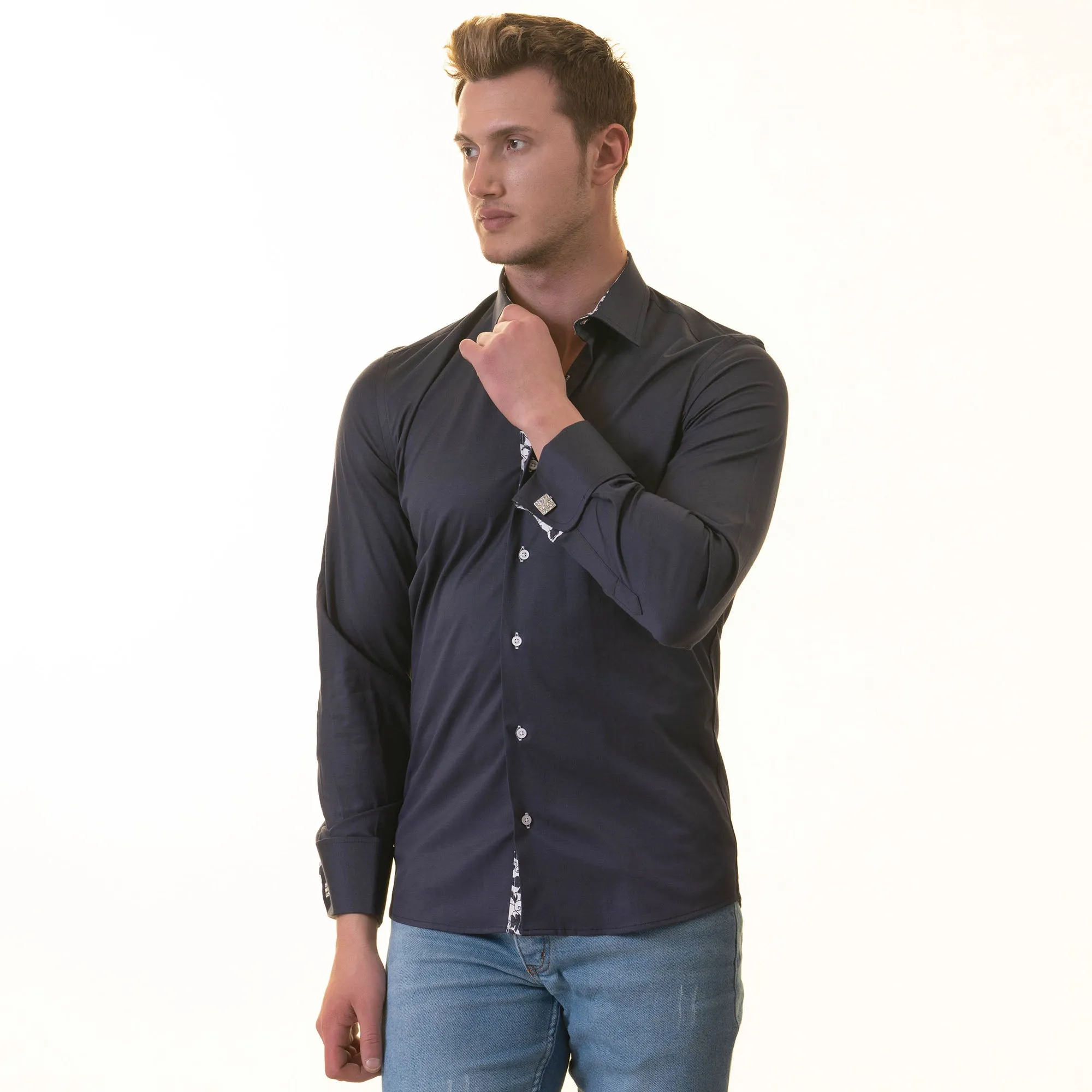 Navy inside Floral Mens Slim Fit Designer French Cuff Shirt - tailored