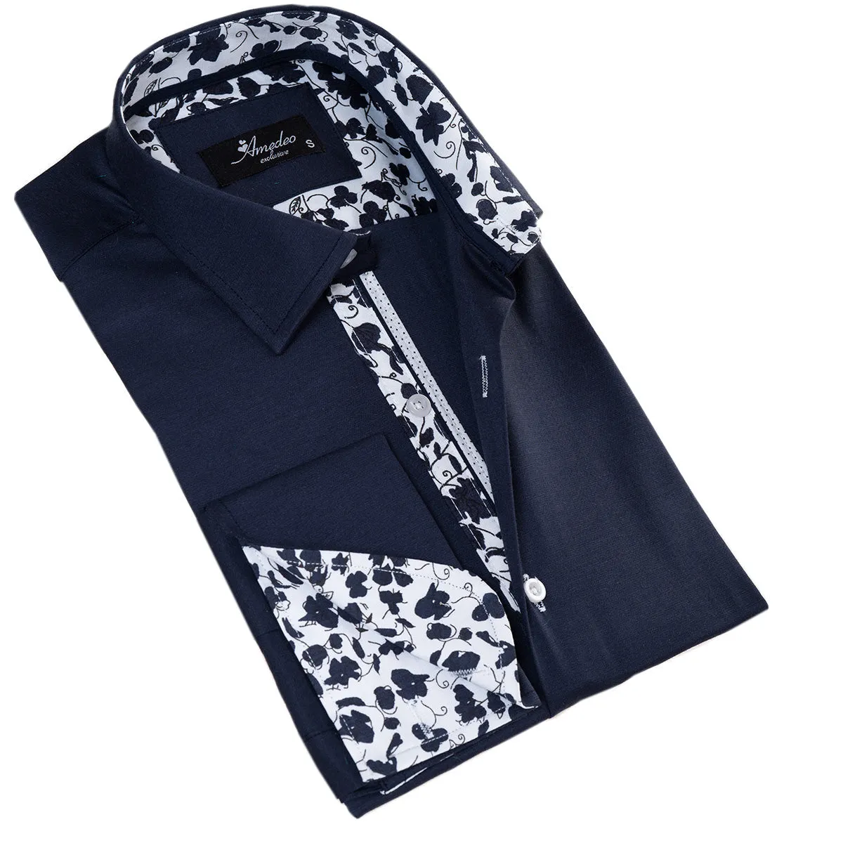 Navy inside Floral Mens Slim Fit Designer French Cuff Shirt - tailored
