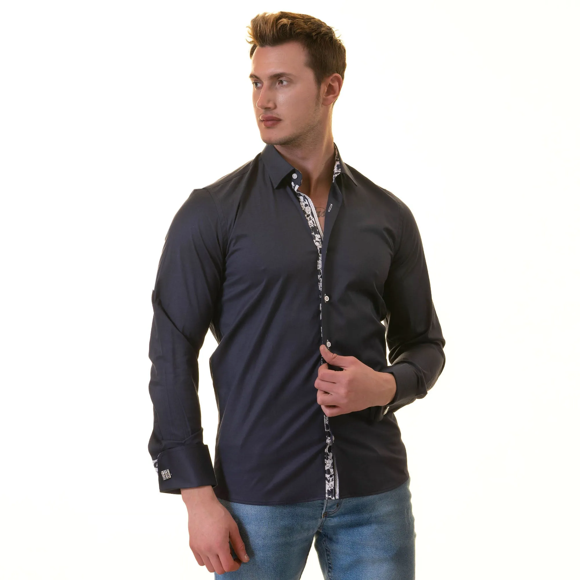 Navy inside Floral Mens Slim Fit Designer French Cuff Shirt - tailored