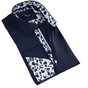 Navy inside Floral Mens Slim Fit Designer French Cuff Shirt - tailored