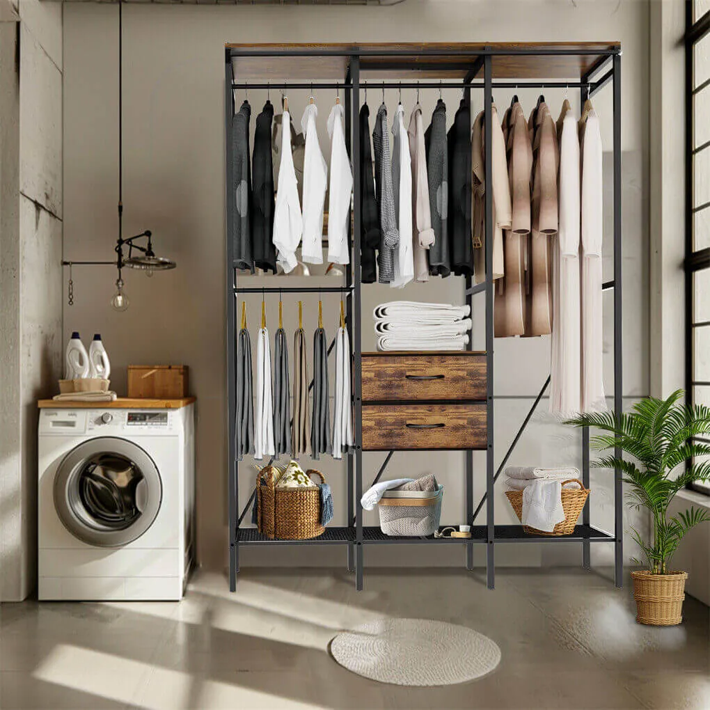 P&P XXL Large Industrial Coat Rack Stand Bedroom Open Wardrobe w/ 2 Drawer Shelves