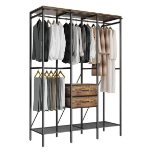P&P XXL Large Industrial Coat Rack Stand Bedroom Open Wardrobe w/ 2 Drawer Shelves