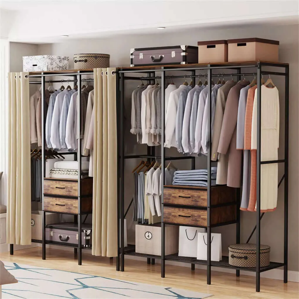 P&P XXL Large Industrial Coat Rack Stand Bedroom Open Wardrobe w/ 2 Drawer Shelves