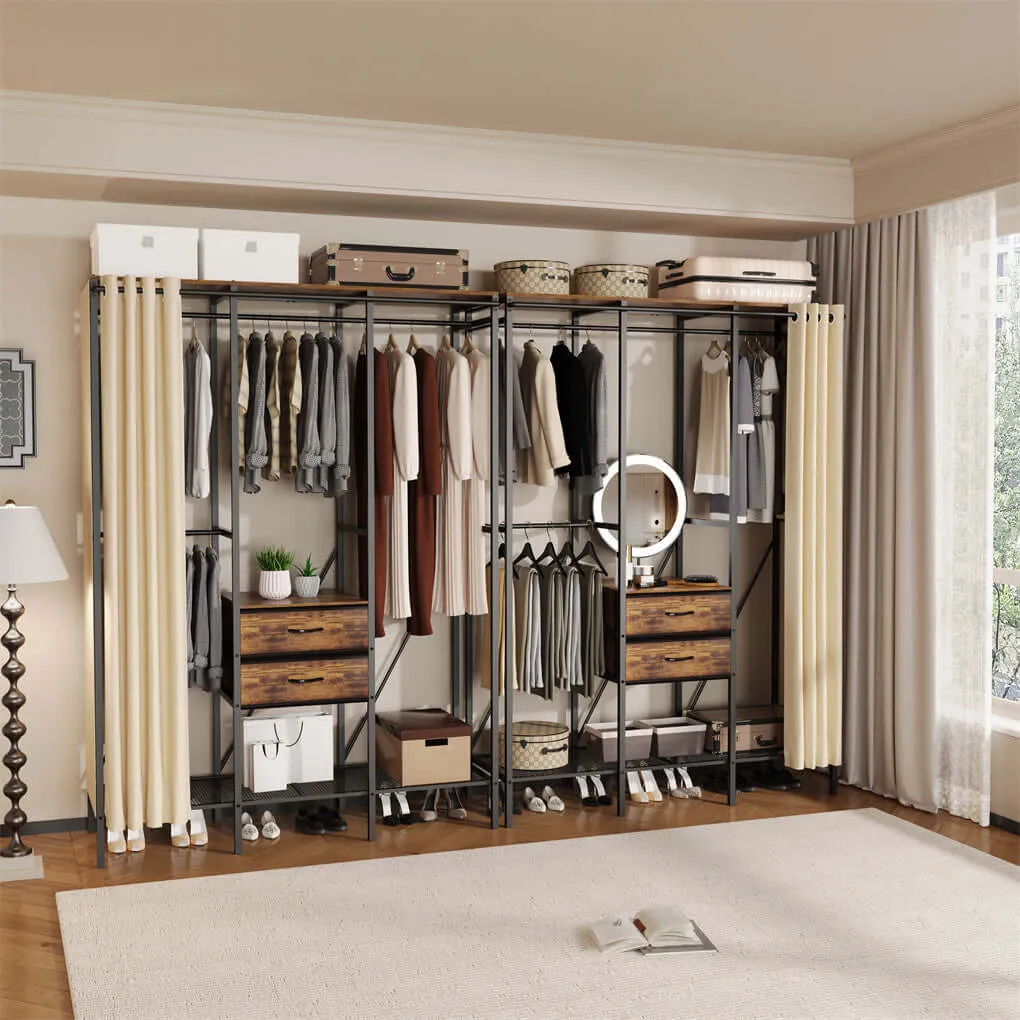 P&P XXL Large Industrial Coat Rack Stand Bedroom Open Wardrobe w/ 2 Drawer Shelves