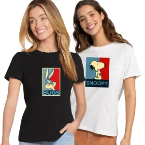 Peach Blossom Women's Printed Viscose Half Sleeve Tshirts  | BLK-RABIT BUGS_WHT-SNOOPY
