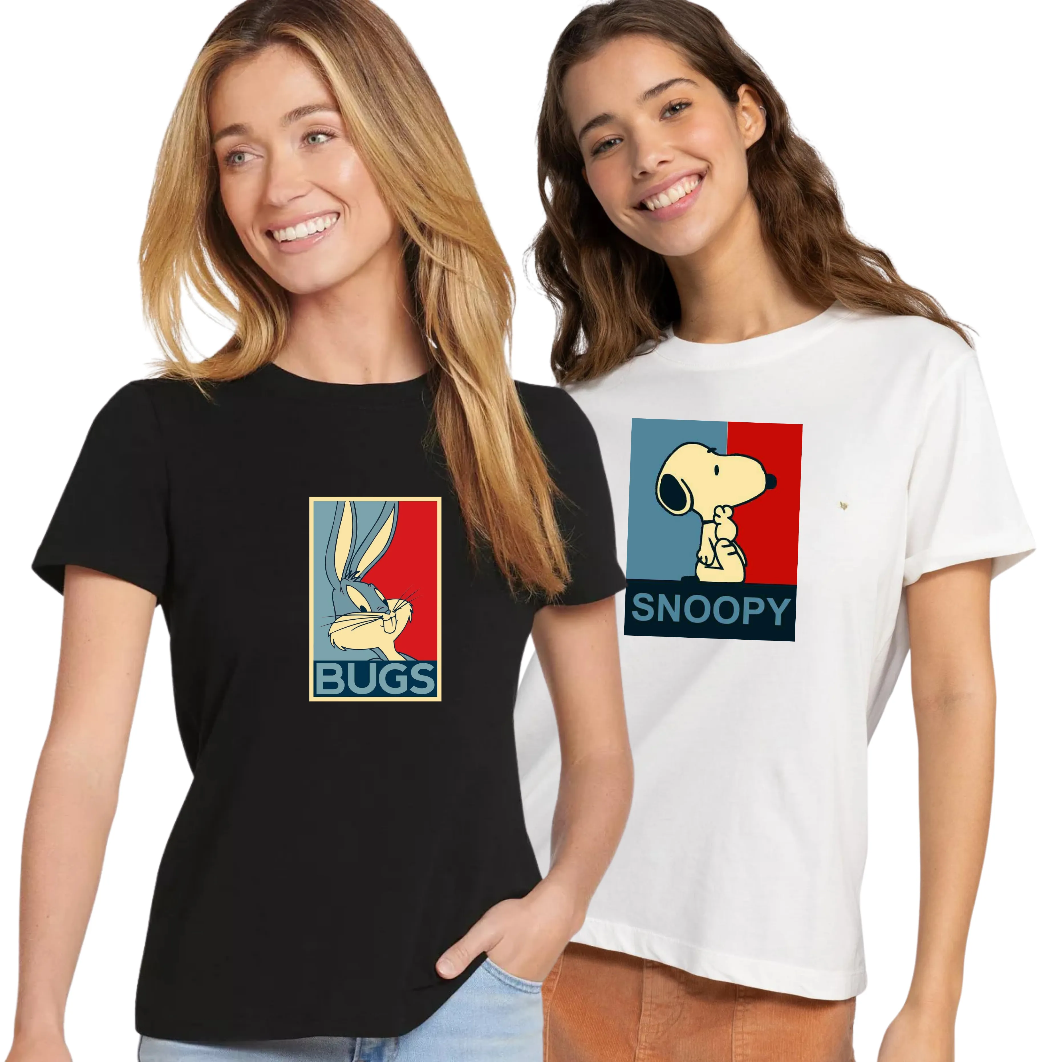 Peach Blossom Women's Printed Viscose Half Sleeve Tshirts  | BLK-RABIT BUGS_WHT-SNOOPY