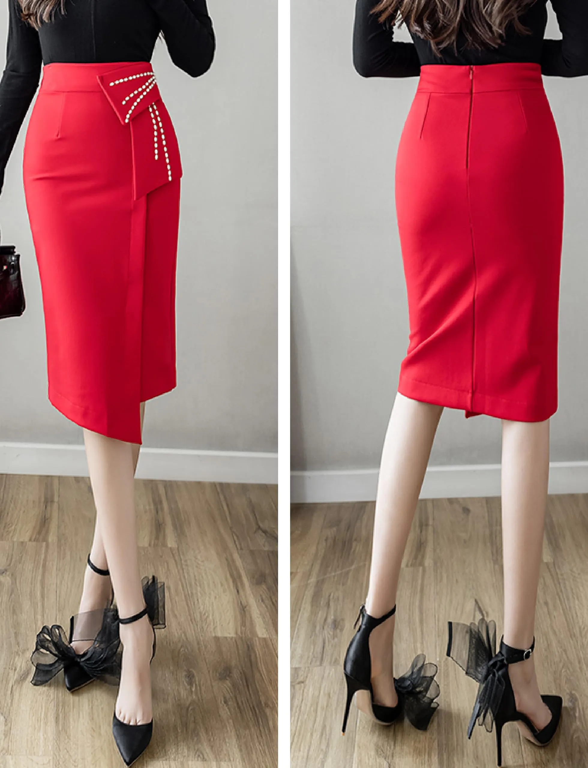 Professional Bodycon Midi Pencil Skirt for Women - High Waisted, Wrap Front - Perfect for Work