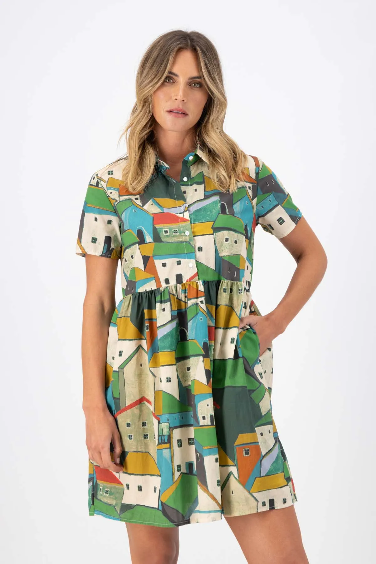 Pueblito Villa Dress Green in Cotton