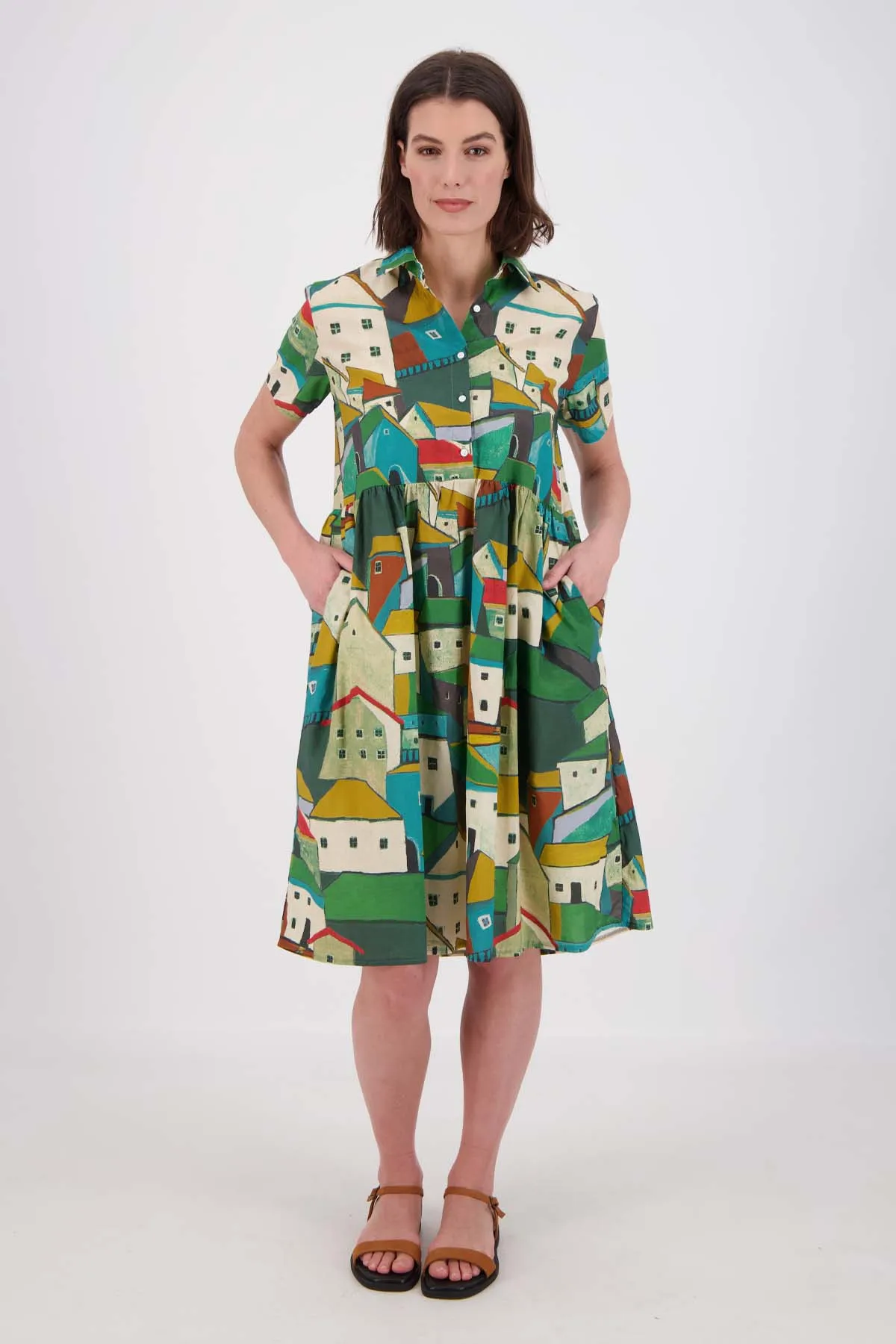 Pueblito Villa Dress Long Green in Seersucker