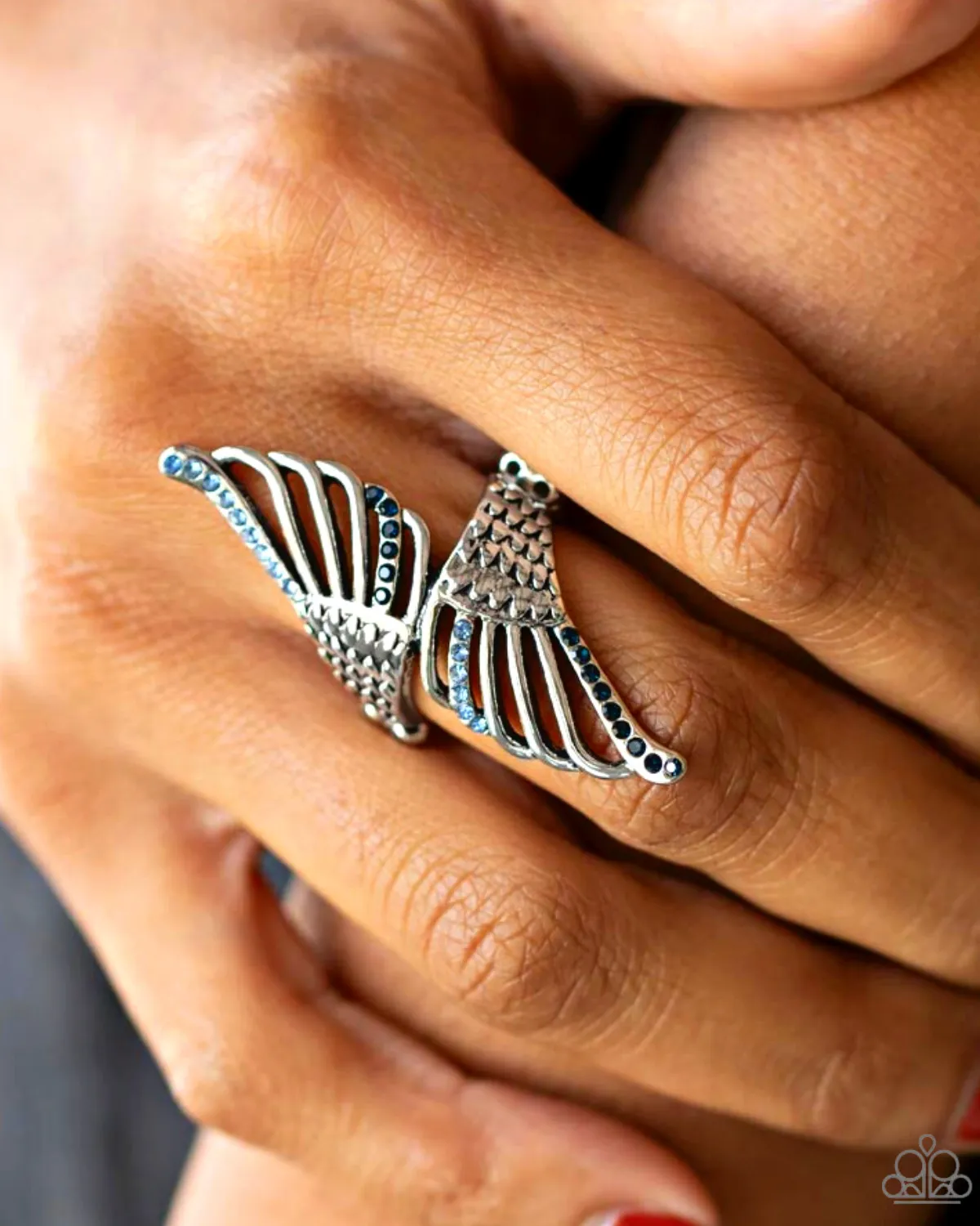 "Angels Among Us" Silver Metal & Blue Rhinestone Angel/Bird/Butterfly Wing Elastic Ring