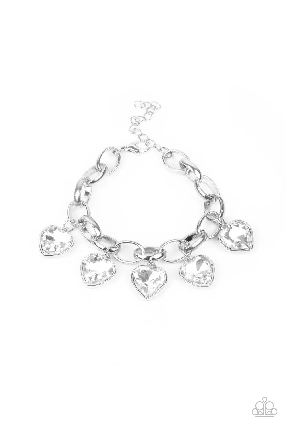 "Candy Heart Charmer" Silver Metal White Rhinestone Multi Heart Charm Bracelet