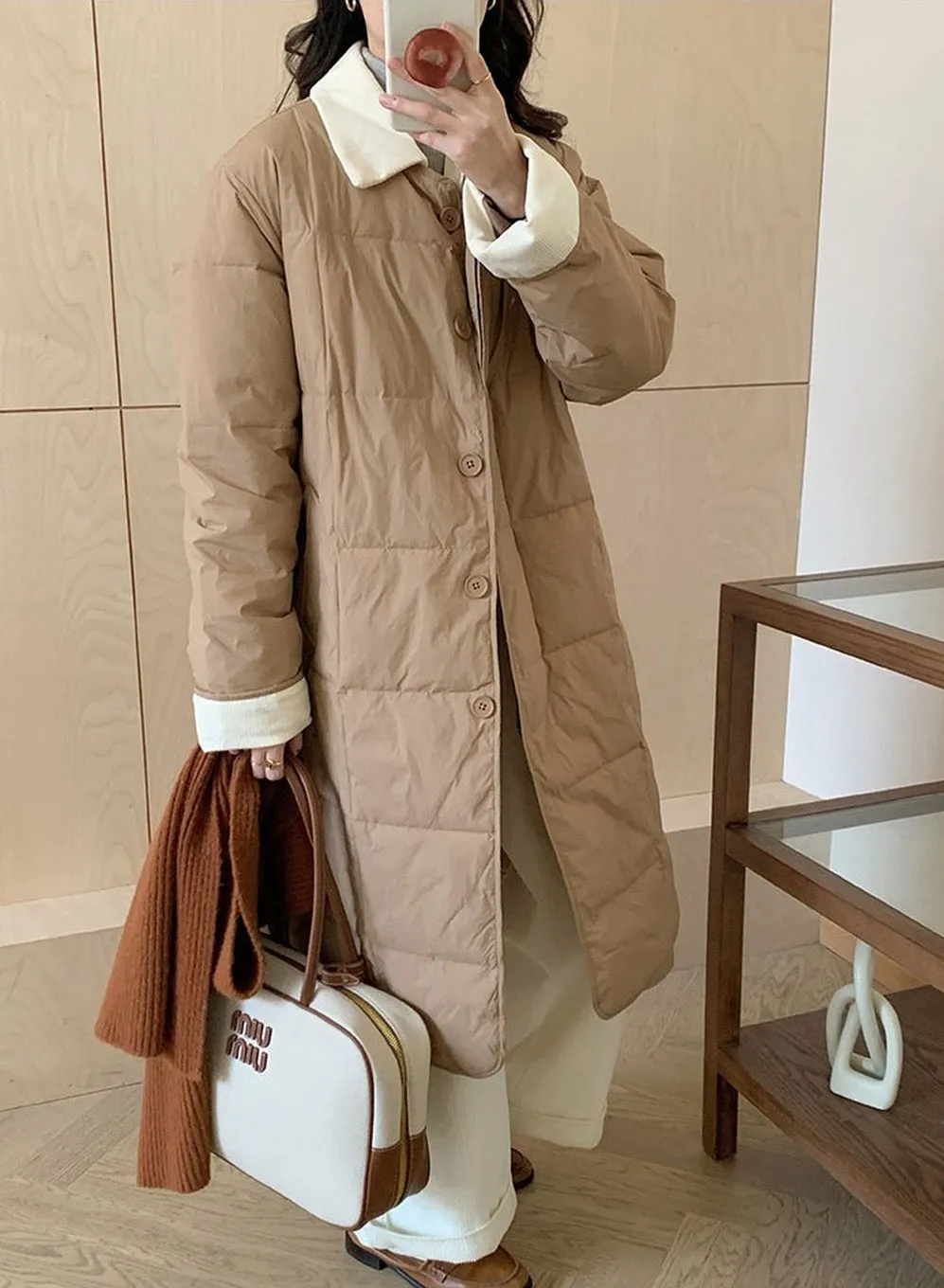 Relaxed-fit Knee-length Patchwork Puffer Coat for Women