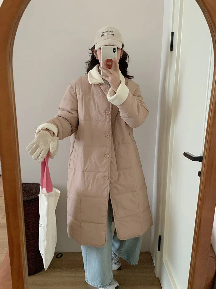 Relaxed-fit Knee-length Patchwork Puffer Coat for Women