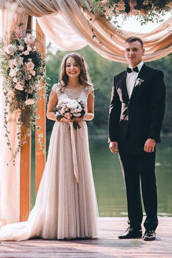 Rustic Tulle A-line Cap Sleeves Boho Wedding Dress, Cheap Bridal Gown, SW489