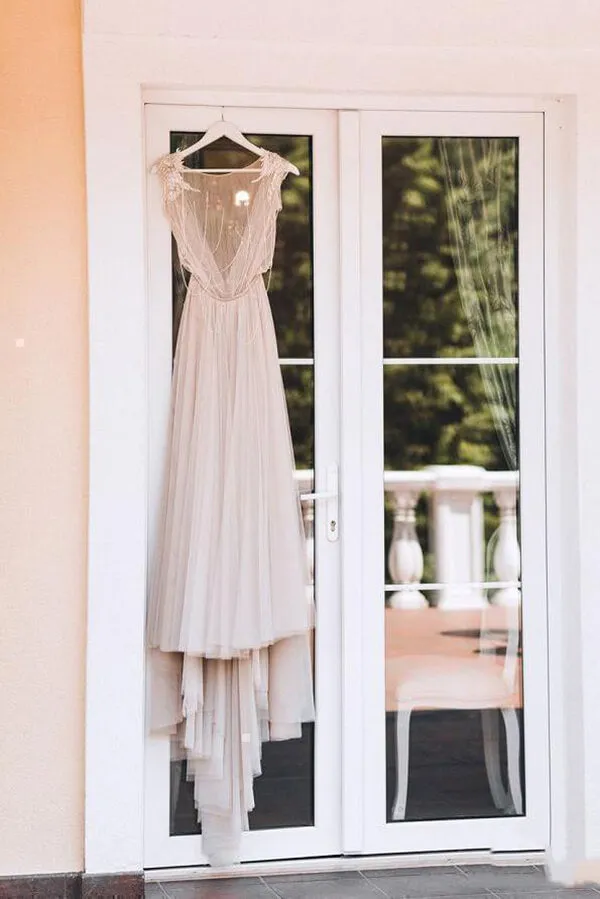 Rustic Tulle A-line Cap Sleeves Boho Wedding Dress, Cheap Bridal Gown, SW489