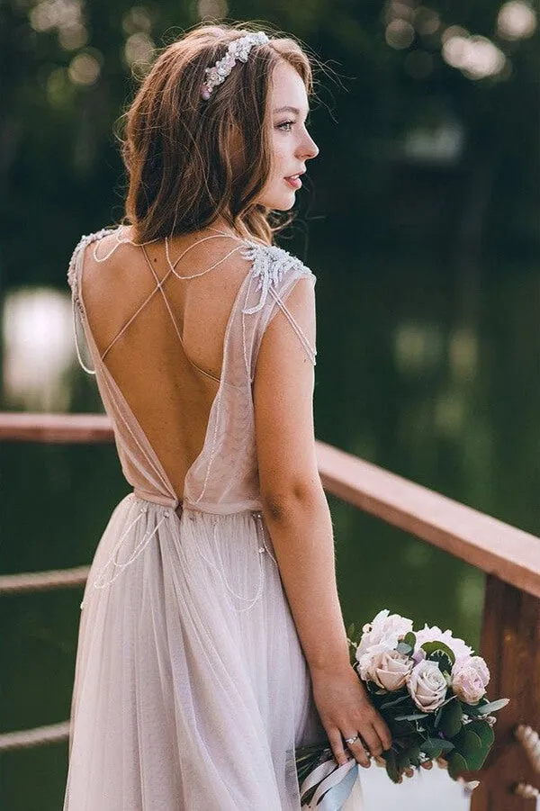 Rustic Tulle A-line Cap Sleeves Boho Wedding Dress, Cheap Bridal Gown, SW489