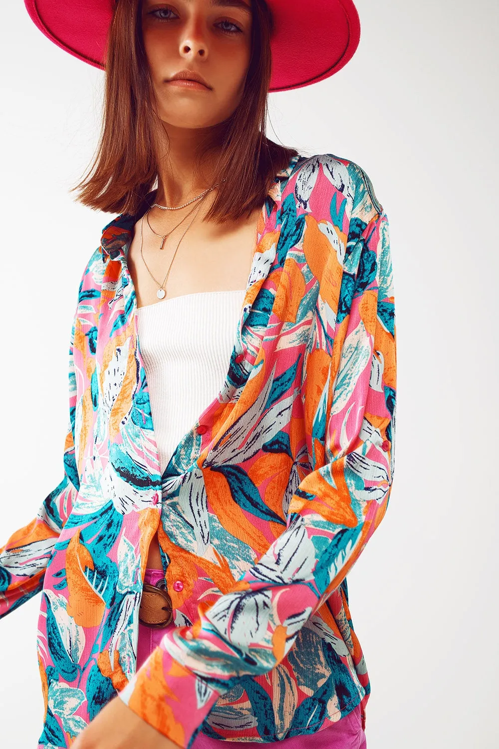 Satin Shirt In Floral Print in Orange