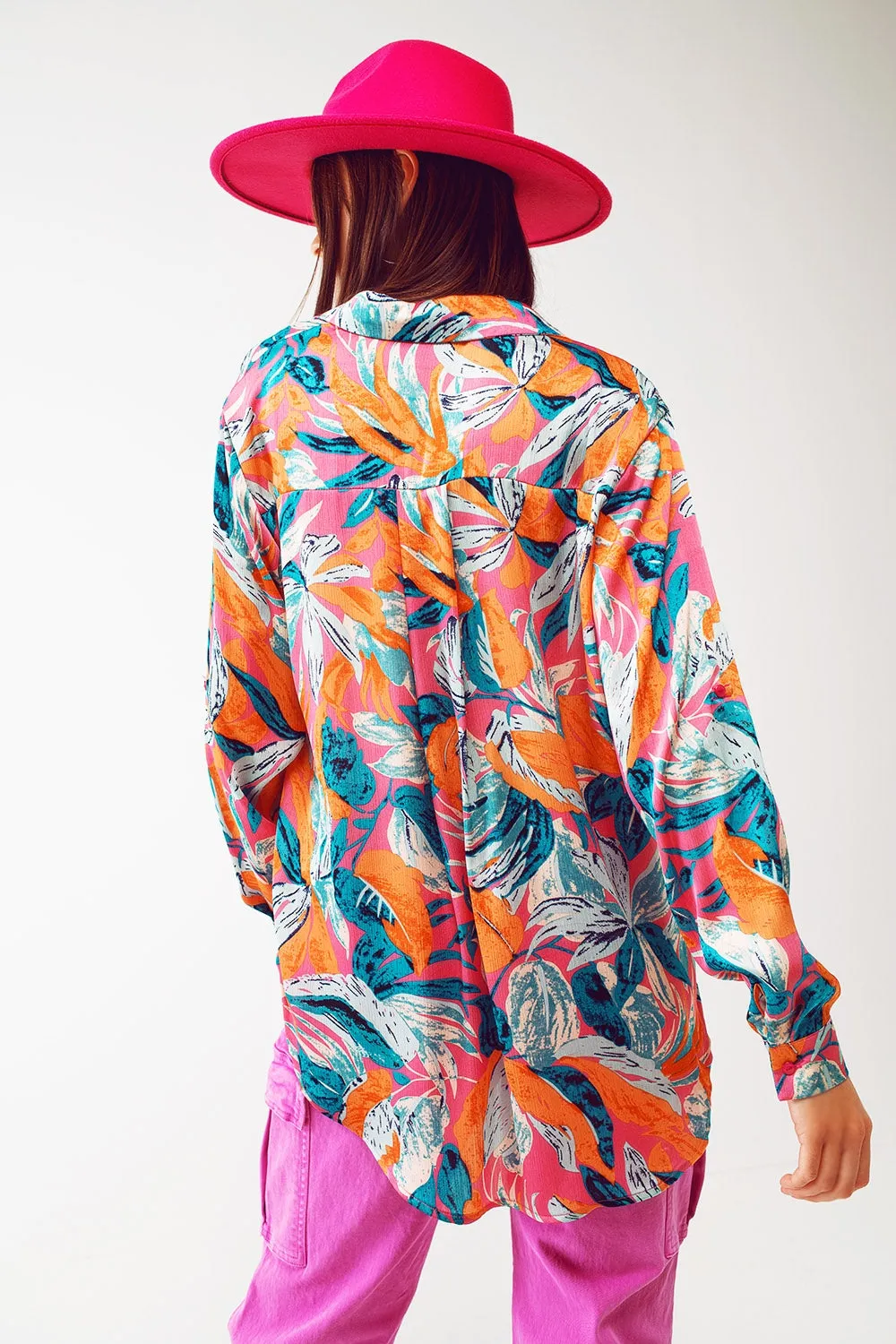 Satin Shirt In Floral Print in Orange