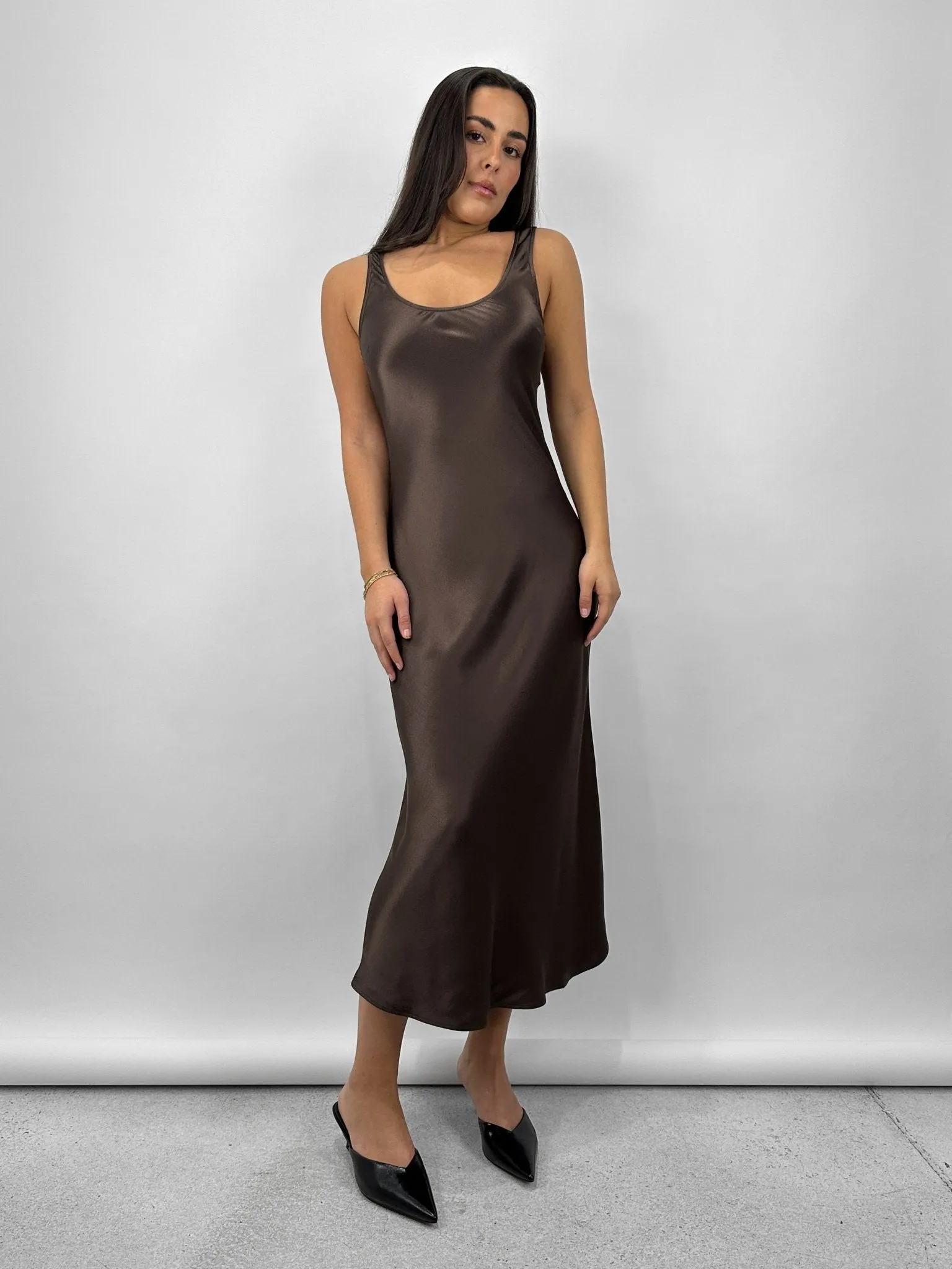 Scoop Neck Satin Midi Dress
