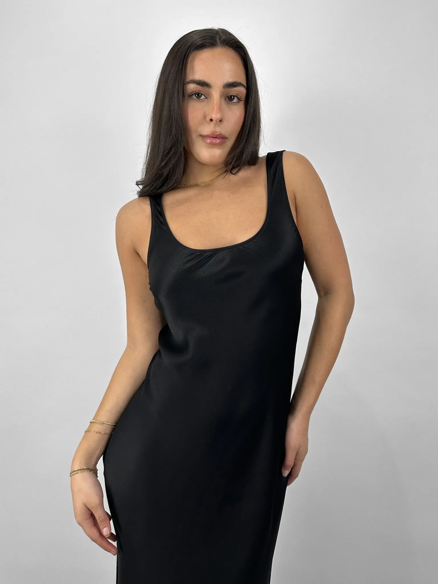 Scoop Neck Satin Midi Dress