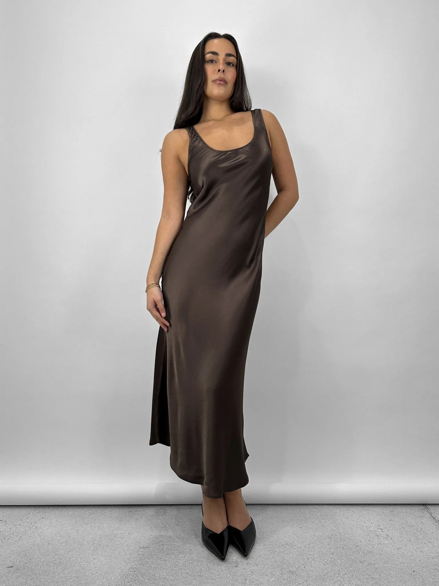 Scoop Neck Satin Midi Dress