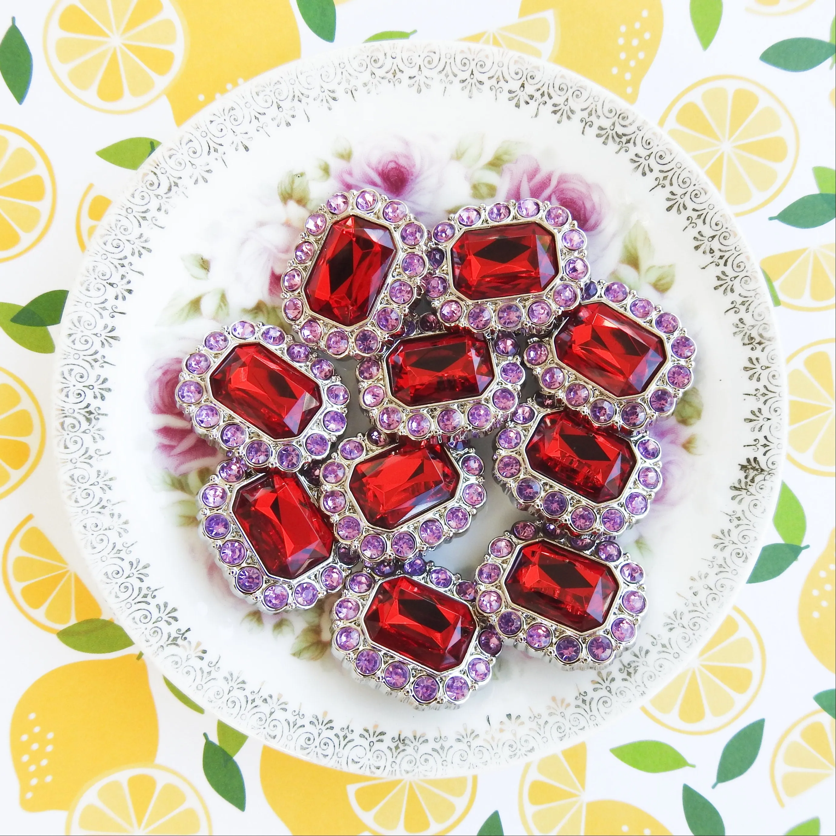Set of 10 Large Red Rhinestone buttond (30mm)