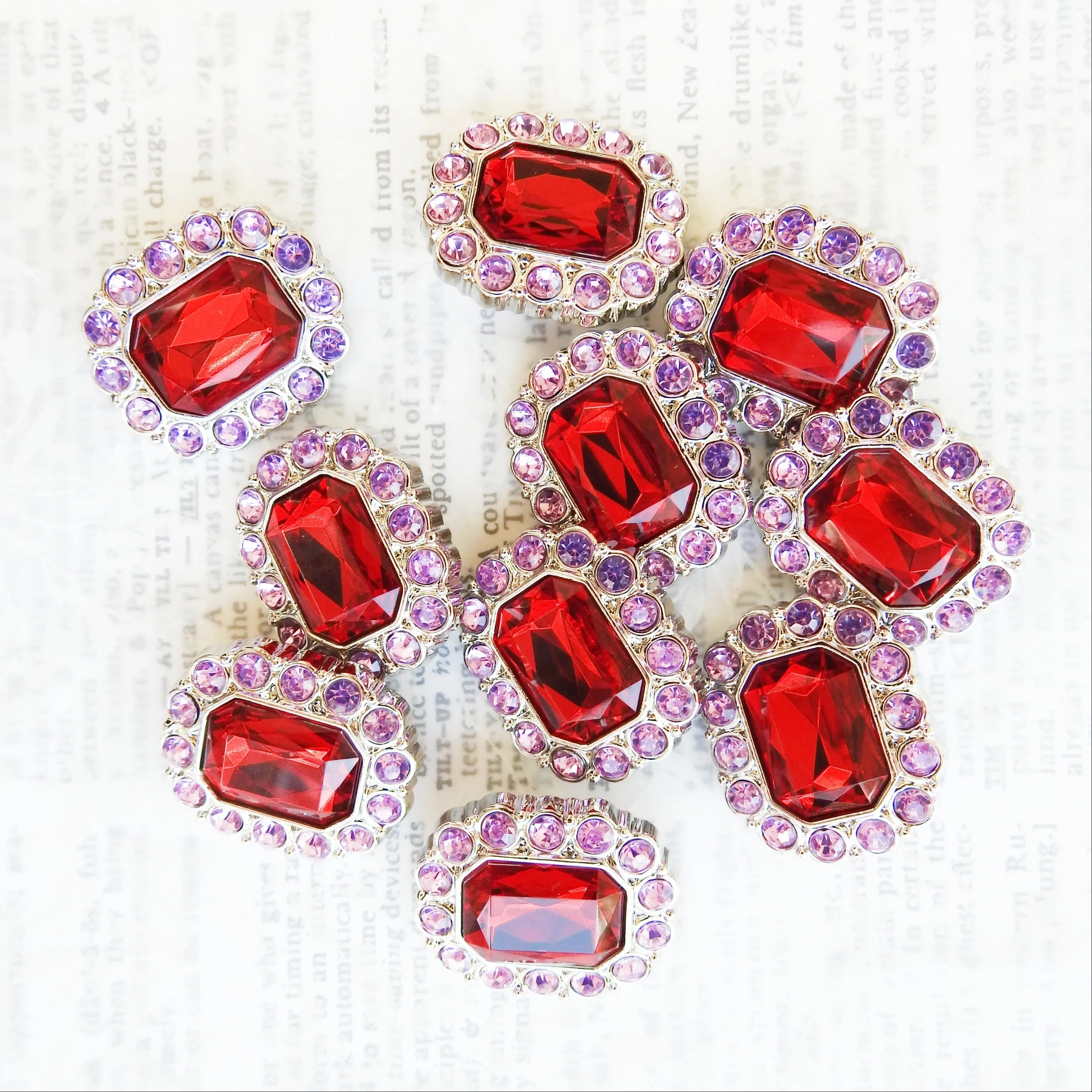 Set of 10 Large Red Rhinestone buttond (30mm)