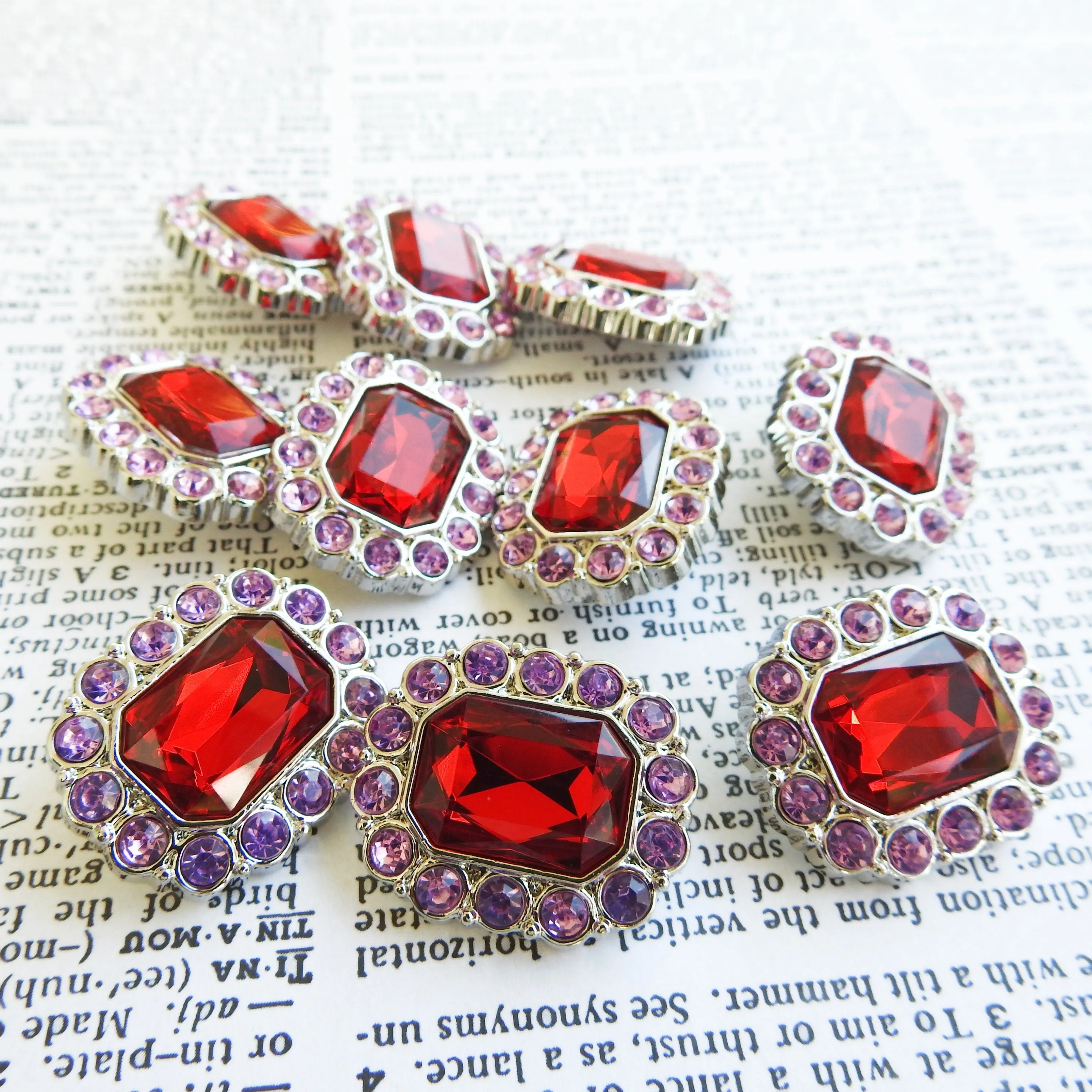 Set of 10 Large Red Rhinestone buttond (30mm)